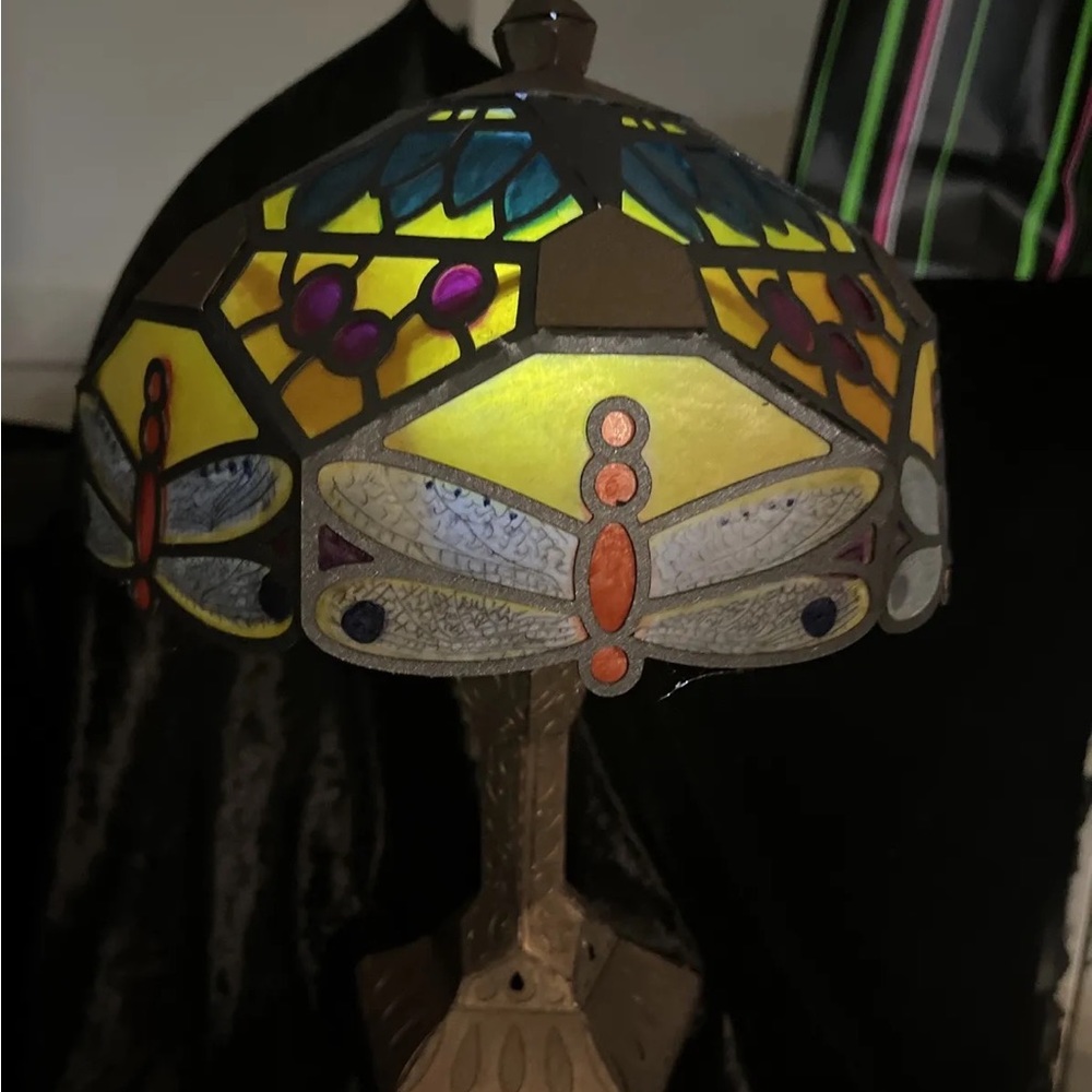 Handmade paper boho dragonfly stained glass look Tiffany lamp
